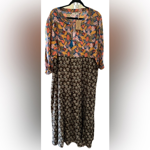 NWT XL NATURAL LIFE Multicolor Leaf and Floral Maxi Dress Hippie 3/4 sleeves - Picture 1 of 8